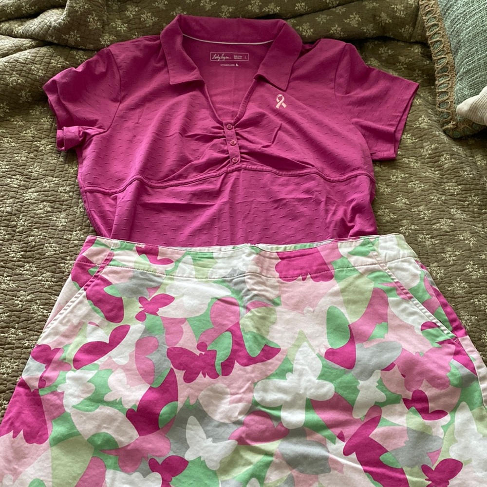 Pink Polo Top and Butterfly Print Skirt Set